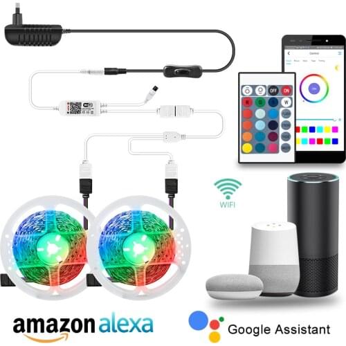 5m 10m WiFi RGB LED Strip Light Waterproof 12V SMD 2835 5050 LED Tape Ribbon Works With Alexa Google Home Controller Power Kit