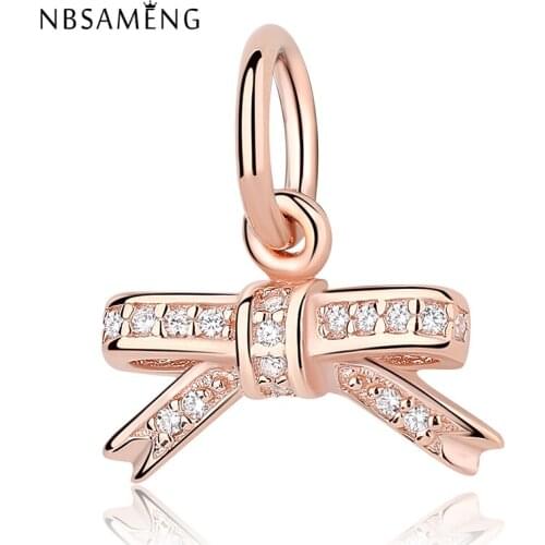 925 Sterling Silver Rose Gold Color & Clear CZ Sparkling Bow Tie Pendant Charm Fit Bracelets & Bangles DIY Jewelry