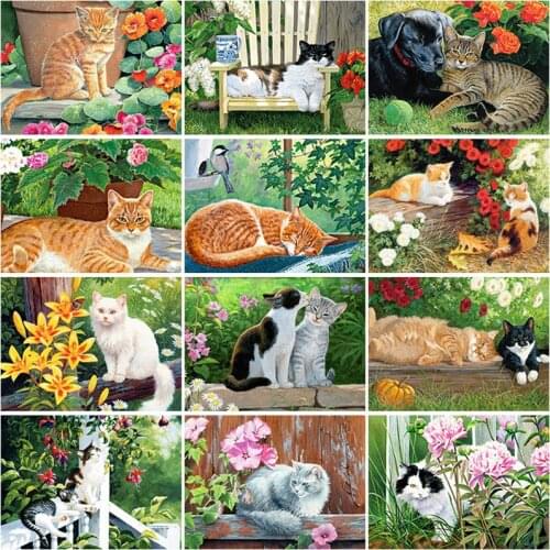 DIY 5D Diamond Painting Full Round Square Resin Mosaic Diamond Embroidery Cross Stitch Kits Wall Art Cat In Flower