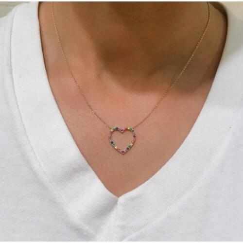 Fine 100% 925 sterling silver collar rainbow cz paved Heart pendant valentines lover gift 925 silver necklace