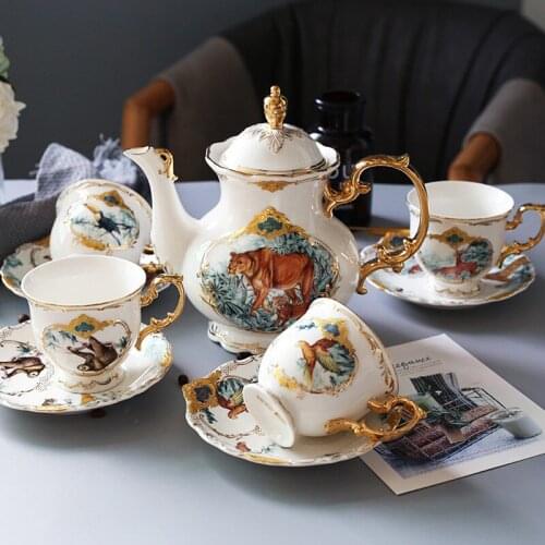 Ceramic Coffee Mugs & Pot Set Breakfast Milk Coffee Cups With Tray Drinkware With Gift Boxes 13 Pieces Set Wedding Gifts