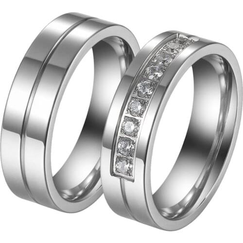 BONISKISS Simple Stainless Steel Zircon Couple Ring Fashion Silver Color Mens and Womens Wedding Anniversary Gift Wholesale