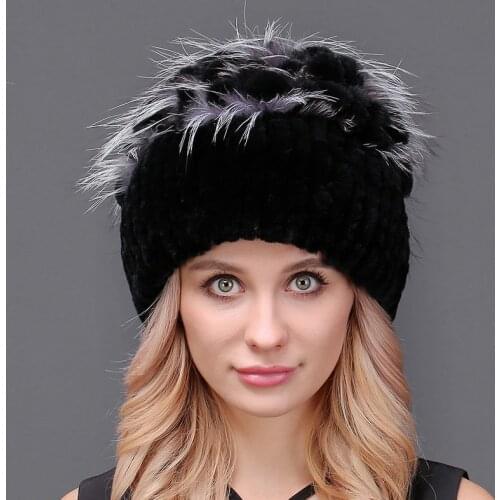 Hot Sale Thick Female Winter Knitted Fur Hat For Women Real Rex Rabbit Princess Cap with Luxury Fox Fur Flower Hats