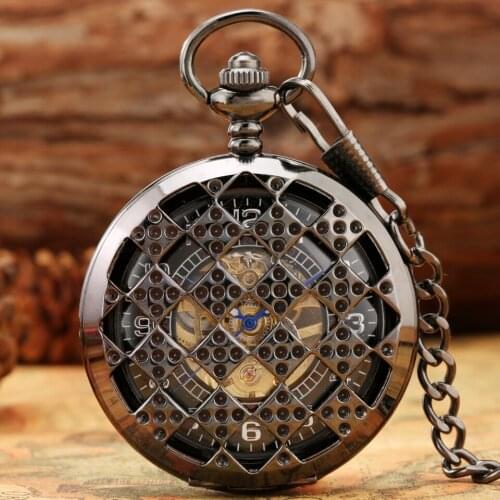 Regular Rhombus Hollow Digital Face Mechanical Pocket Watch Hand-winding FOB Chain Full Steel Pocket Watch Gifts for Men Women