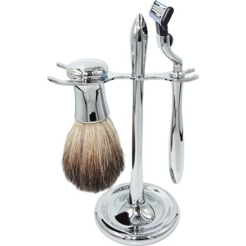 WLONG Men Wet Shaving Brush Set Pure Natural Badger Hair Silver Handles and Stand with Germany Original Mach 3 Razor Blade