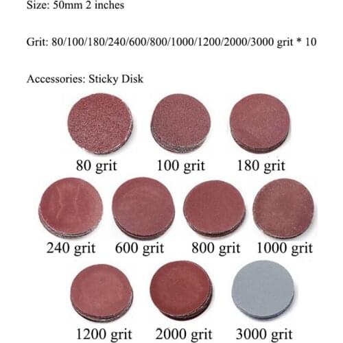 100pcs/set 50mm 2Inch Polishing Sanding Paper Kit With Rolling Pole 80/100/180/240/600/800/1000/1200/2000/3000 Grit Sanding Dics