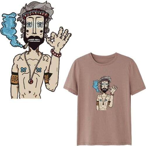 Smokes Man Sticker Heat Transfer Hot Press Ironing Pyrography Paper iron On Washable T-shirt Patches for Lady Jacket Clothing