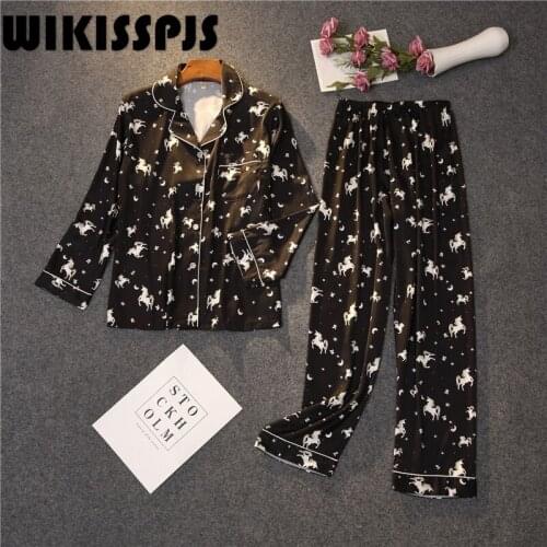 WIKISSPJS New Comfortable Pajamas Housewear Long Sleeve Pants Printed Womens Suit Sleep Tops Sleepwear Lounge Wear