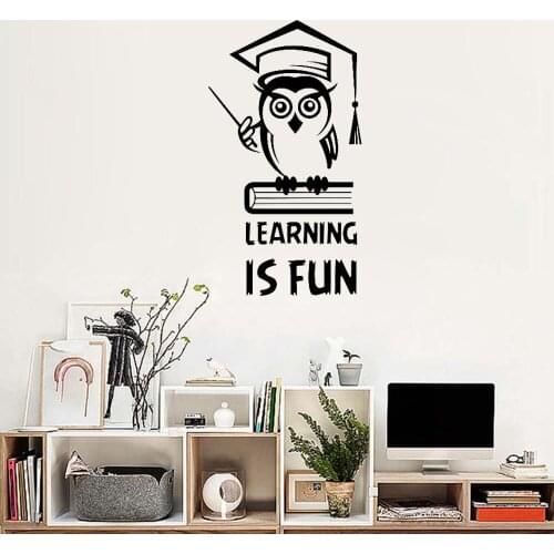 Learning Is Fun Inspirational Quote Wall Decal Education Owl Book Vinyl Sticker Kids Room Bedroom Decoration School Decals D003
