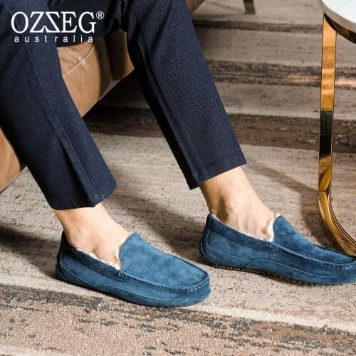 OZZEG Luxury Brand Designer Shoes Men Winter Genuine Leather Flats Australia Sheep Fur Lining Loafers Casual Shoes Moccasins