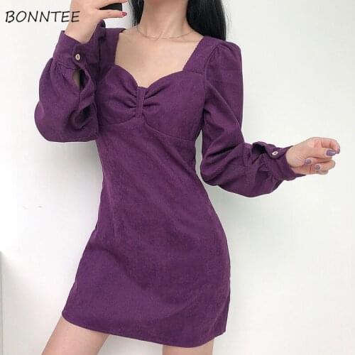 Dress Women Vintage French Style Stylish Retro Purple Sexy Mini Holiday Party Ladies Vestidos Empire Slim Trendy Femme Cothing