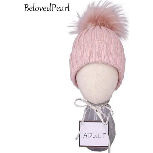 Fluffy Fur Pompom Winter Hat for Women Wool Blend Black Beanie Men Cap