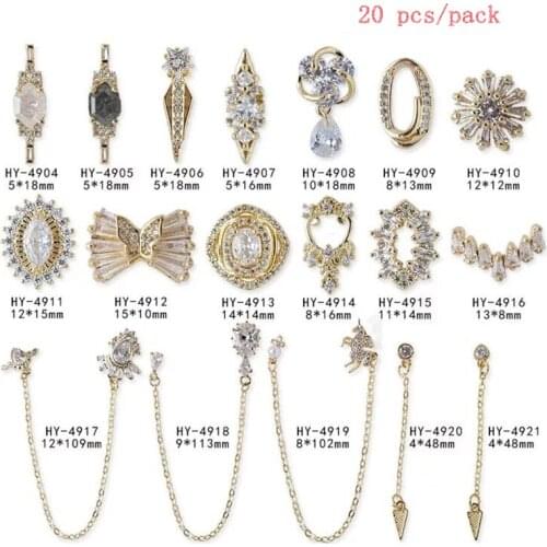 20 pcs/pack Luxury Charm Zircon Alloy 3D Nail Art Decorations Golden Classical Crystal Jewelry Manicure Design Accessories