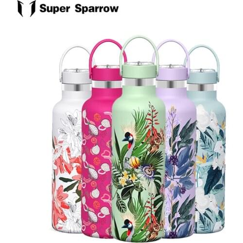 Super Sparrow New Stainless Steel Hot Water Bottle Fashion Pattern Portable Outdoor Vacuum Thermos Bottle Women Girl Thermal Mug
