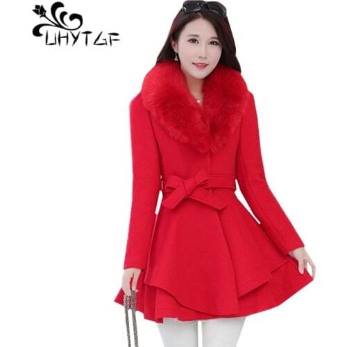 UHYTGF New Winter Woman Jacket Fur collar Wool Coat belt Slim Casual Outerwear long Woolen Jacket Elegant Female Coat 853