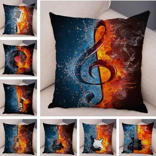 Vintage Music Note Pillowcase Decor Guitar Microphone Violin Printed Pillow Case for Home Sofa Soft Plush Cushion Cover 45x45cm