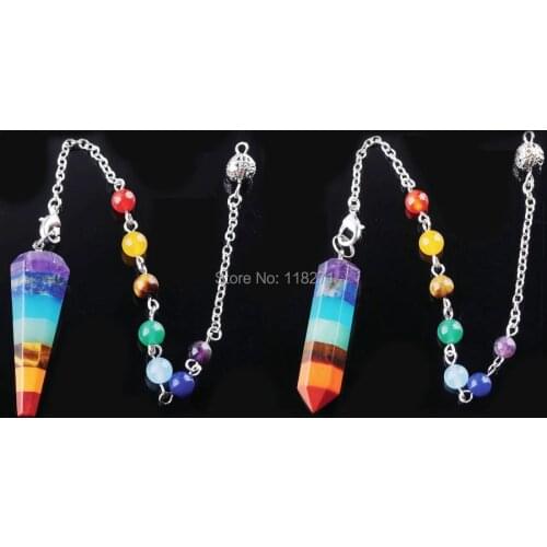 WOJIAER 7 Chakra Pendulum Fashion Jewelry Natural Gem Stone Silvery Metal Ball Chain Dowsing Healing With Chain PBN360