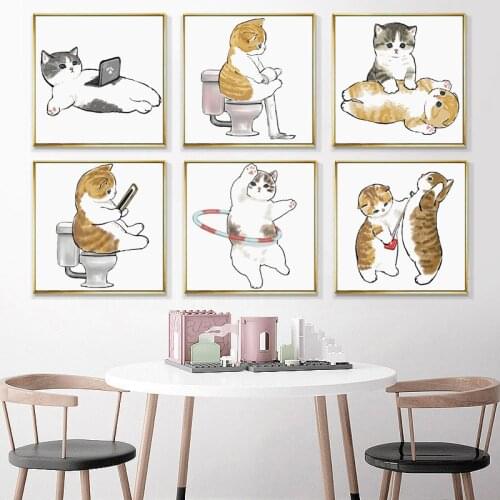 Funny Animal Cat Wall Art Poster Print Nordic Baby Nursery Canvas Painting Cartoon Decorative Pictures for Kids Room Home Decor