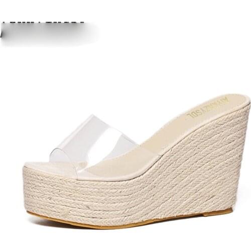 Women Slippers Mules Clear Transparent Wedge Sandals Cane Hemp Rope Straw Thick Sole Bottom Shoes Platform High Heels