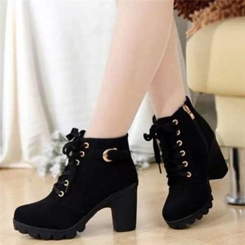 New spring Winter Women Pumps Boots High Quality Lace-up European Ladies Shoes PU heels Ankle Boots Fast delivery женская обувь