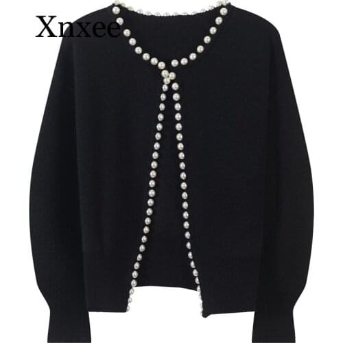 Runway V-neck Knitted Cardigan Women Sweater Autumn Winter Long Sleeve Pearl Beading Top Female Sweater Ladies Outwear Coat