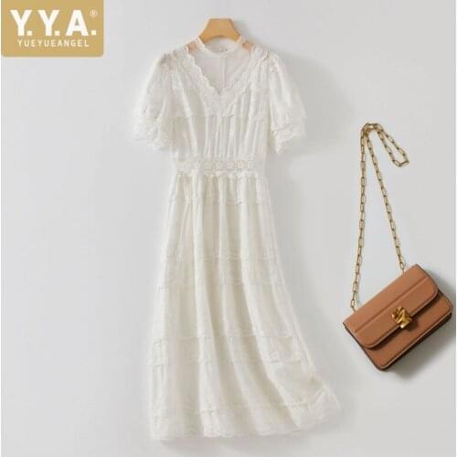 Summer New Bohemian Women Floral Lace Long Dress Short Sleeve Vintage Crochet Beach Dresses White Slim Fit Ladies Holiday Dress