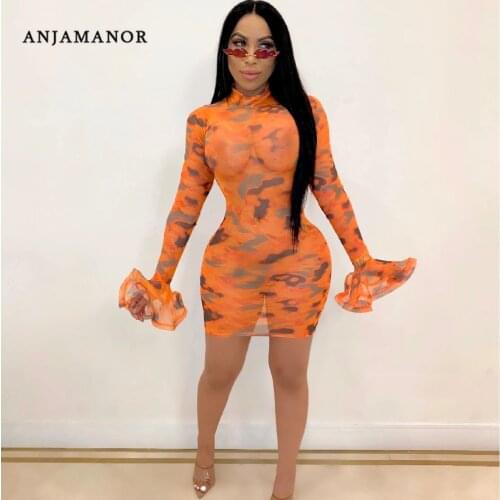 ANJAMANOR Tie Dye Sheer Mesh Dress Women Sexy Club Dresses 2020 See Through Ruffle Long Sleeve Mini Bodycon Dress D37-CH18