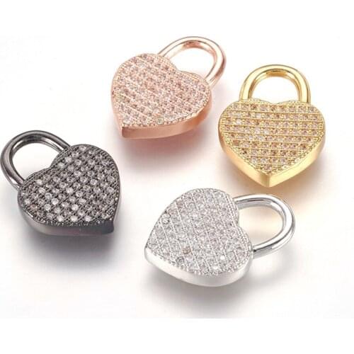 10pcs Brass Micro Pave Cubic Zirconia Heart Padlock Pendants Mixed Color For DIY Necklace jewelry making Decor