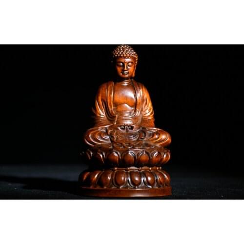 5" China Lucky Old Boxwood Hand-carved Amitabha Buddha Statue Statue of Sakyamuni Enshrine the Buddha Ornaments