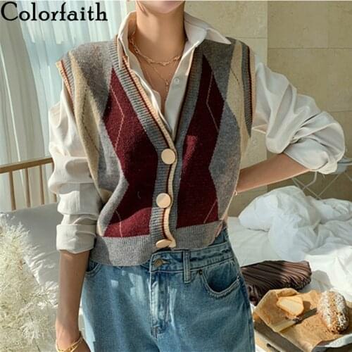 Colorfaith 2021 New Autumn Winter Women Sweaters V-Neck Sleeveless Oversized Vintage Vest Argyle Waistcoat Lady Tops SWV1380JX