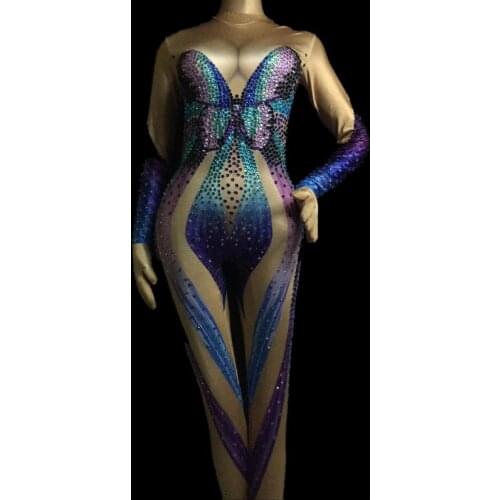 Womens Birthday Celebrate Outfit Singer Show Wear Glisten Playsuit Rhinestones Jumpsuit Butterfly Pattern Bodysuit Costume