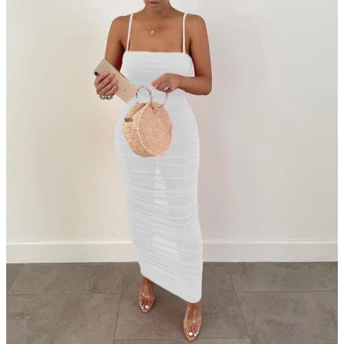 Summer Fashion Trend Of Womens Clothing, Pure Color, Mesh Perspective, Sexy Sling, Pleated Temperament Dress, Women