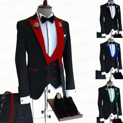 2021 Black Suit Men 3 Pieces Man Business Jacket Tailored Groom Wedding Suit Tuxedo Burgundy Velvet Lapel Jacket Vest Pants Set