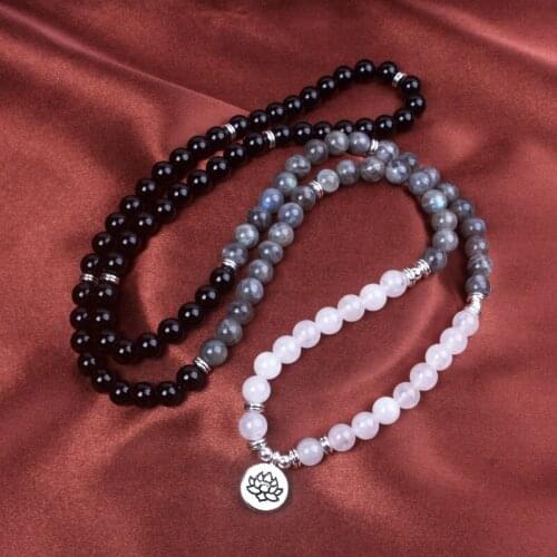 Natural Black Onyx, Labradorite 108 Mala Bracelet For Women Lotus Flower Bracelet Yoga Life Tree Jewelry Dropshipping
