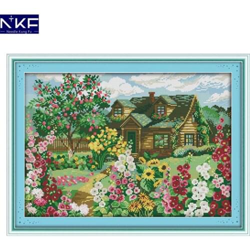 NKF Country Cottage Counted Cross Stitch Pattern Painting Needlework Embroidery Scenery Cross Stitch Kit for Home Decor