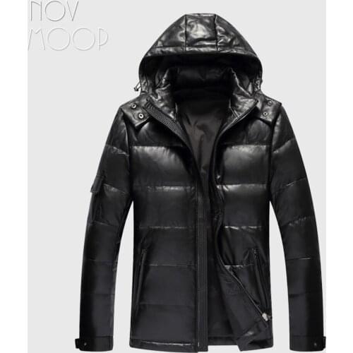 Novmoop canada black slim clothes hooded sheepskin genuine leather down jacket male winter thick coat jaqueta masculino LT2833