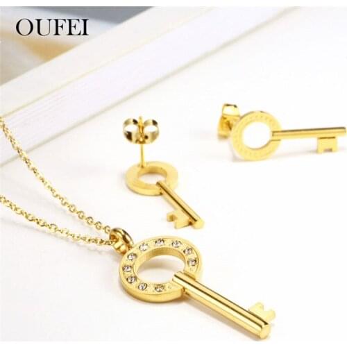OUFEI Key Necklace Set Of Earrings For Women Stainless Steel Jewelry Sets Earring Female Jewellery Accessories Free Shipping