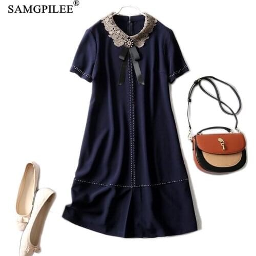 Summer Dresses For Women 2021 New Fashion Office Lady A-line Solid Short Sleeve Hook Flower Hollow Turn-down Collar Dress Woman
