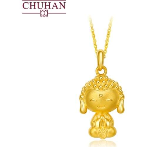 CHUHAN New Pure Gold 999 Buddha Pendant Clavicle Pendant Gold Necklace Real Gold Women Style Gift The meaning of prayer Jewelry