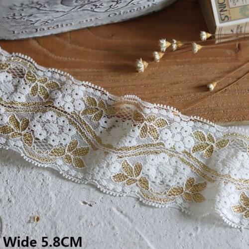 5.8CM Wide Luxury White Gold Soft Mesh Stretch Embroidery Lace Fabric Ribbon Dress Guipure Collar Elastic Trim DIY Sewing Decor