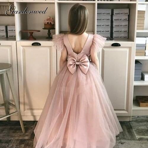 Gardenwed Puffy Flower Girl Dresses Bow Backless Girl Wedding Dress Aline Organza Cap Sleeves Girl Dress Summer,Communion Dress