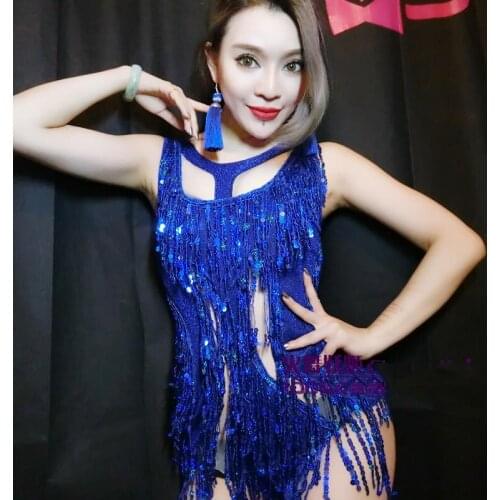 Blue Sequin Tassel Bodysuit Female Singer Nightclub Bar Sexy DJ DS Stage Costumes Party Evening Performance Jumpsuit DWY4086