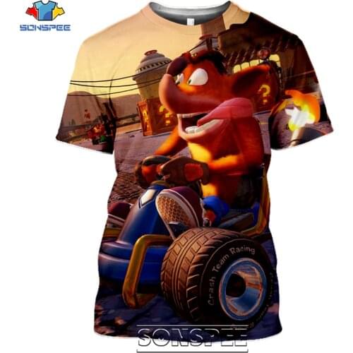 SONSPEE Game Crash Team Racing Mens T Shirt Casual Streetwear Harajuku Anime Cartoon Animal Funny 3D Mens Tee Shirt Homme