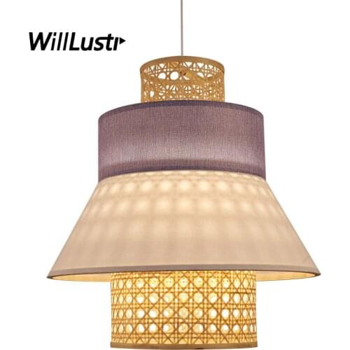 Modern Bamboo Pendant Light Purple Green Fabric Hotel Restaurant Lounge Bedside Dining Room Japan Style Suspension Hanging Lamp