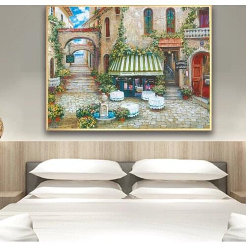 Mediterranean sea flower garden coffe house scenery canvas printings oil painting printed on canvas wall art decoration picture