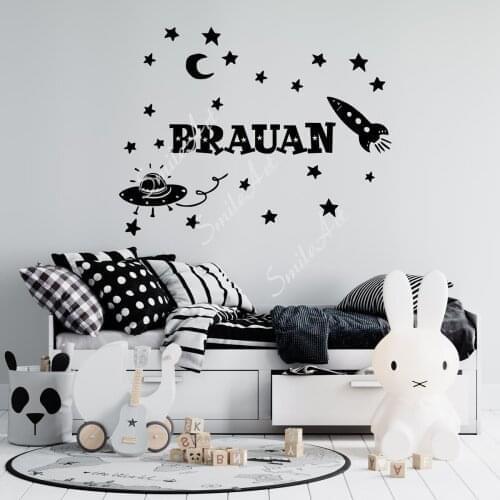 Cartoon Custom name Rocket spaceship Environmental Protection Vinyl Stickers For Babys Rooms Wall Decoration Murals