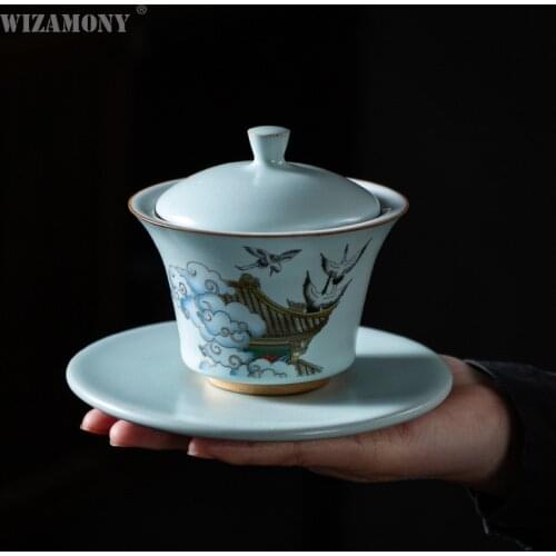 WIZAMONY Tianqing glaze Ruyao Ruihe cup Japanese large ceramic tea cup tureen gaiwan with tray