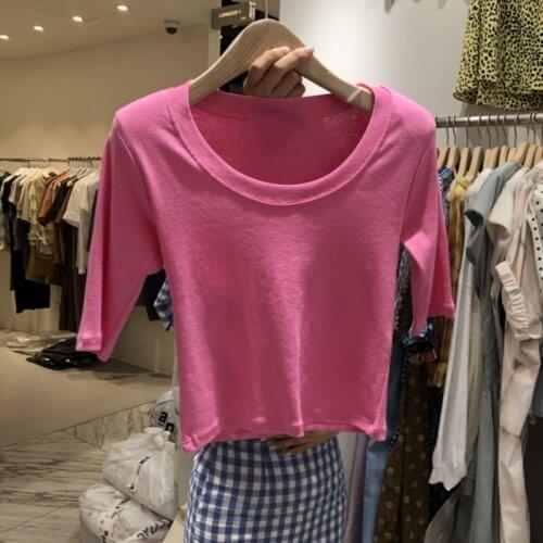 Sexy Tshirt Women Korean Fashion Short Sleeve Round Collar Slim Fit T-Shirts Femme Summer 2021 New Cropped Tops Tees 80168