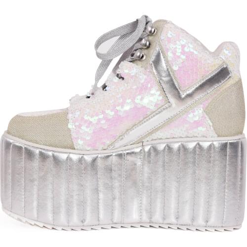 Womens Round Toe Sequins Bling Star Shiny Lace Up Platform Wedge High Heel Shoes Pumps INS Fashion New 2022