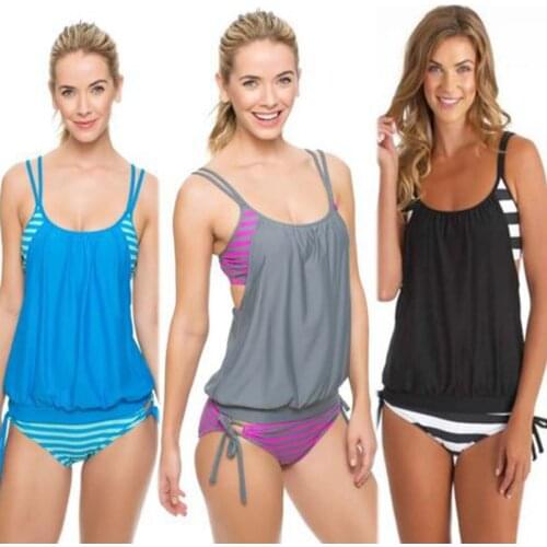 Womens Swimsuit Swimwear Women Two-Piece Suits Woman Clothes Bath Suit Beachwear Tankini Striped Double Shoulder Straps With Pad